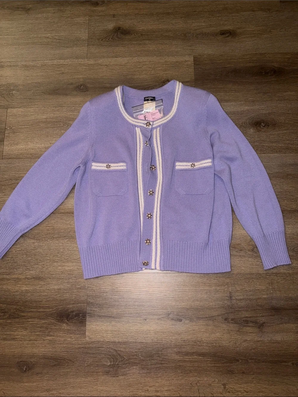 CHANEL Lavender Knit Cardigan with White Trim